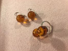 Silber 925 Ohrringe + Ring mit Amber
