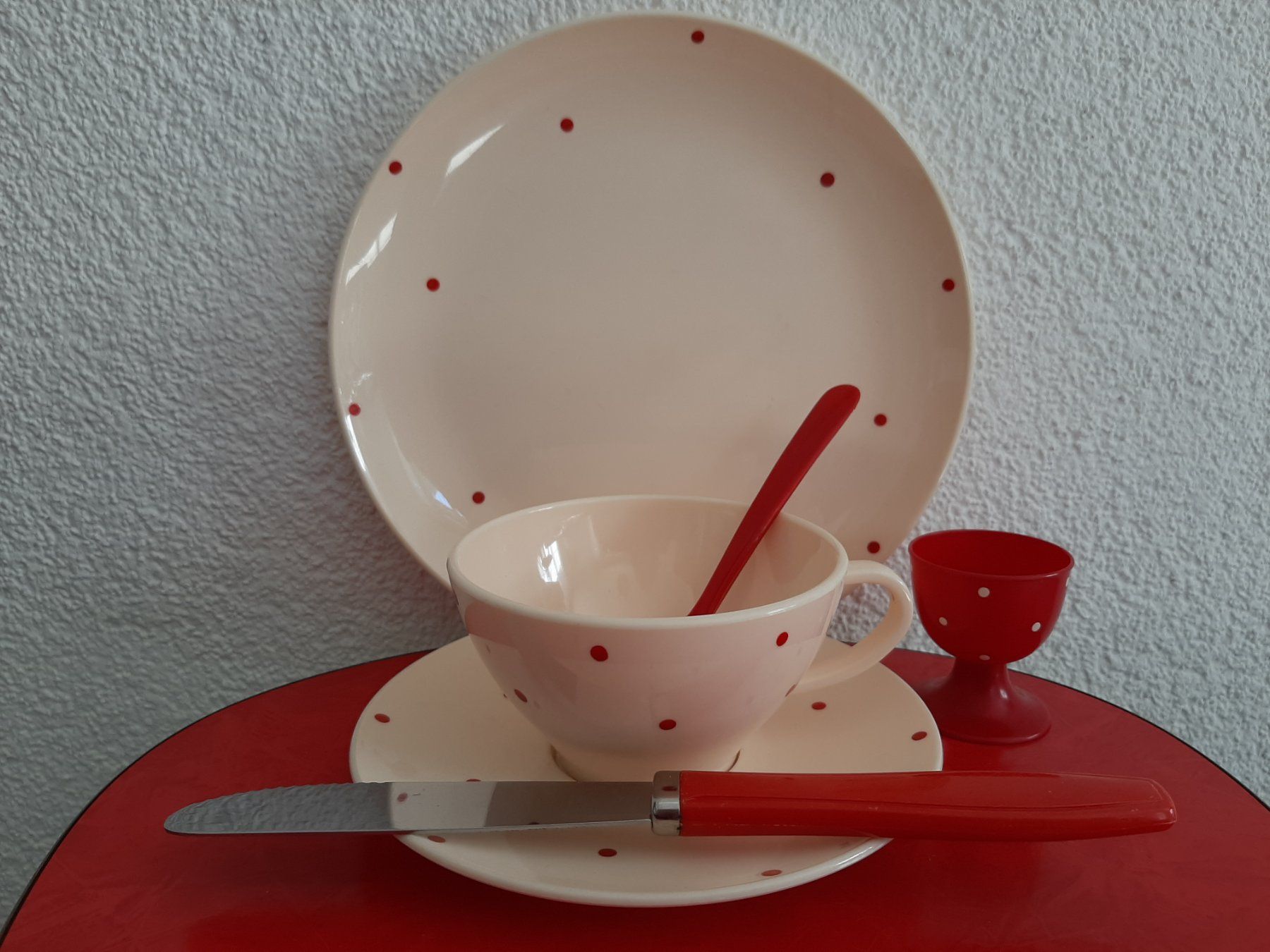 Set di piatti: 50er 60er Mid Century Tablett Gedeck Oldtimer Camping Set – Usato da Erschwil venduto da Karabella 3