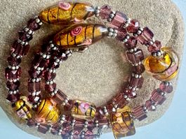 Murano Glas Prachtkette mit Goldfolienglas & Rosen – Unikat
