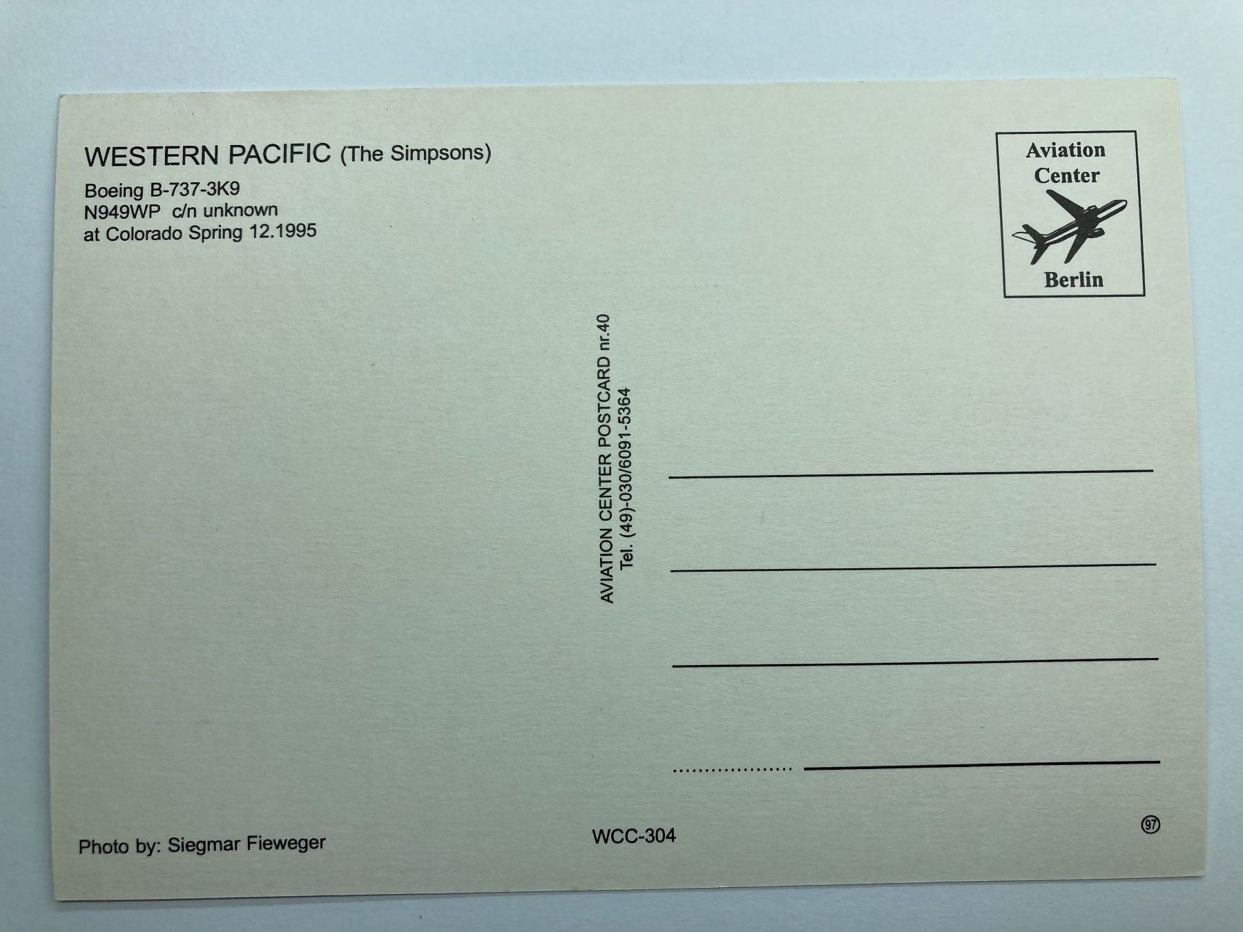 Cartoline postali: Postcard Boeing B-737-3K9 Western Pacific – Usato da Lugano venduto da sel_x7bg 1
