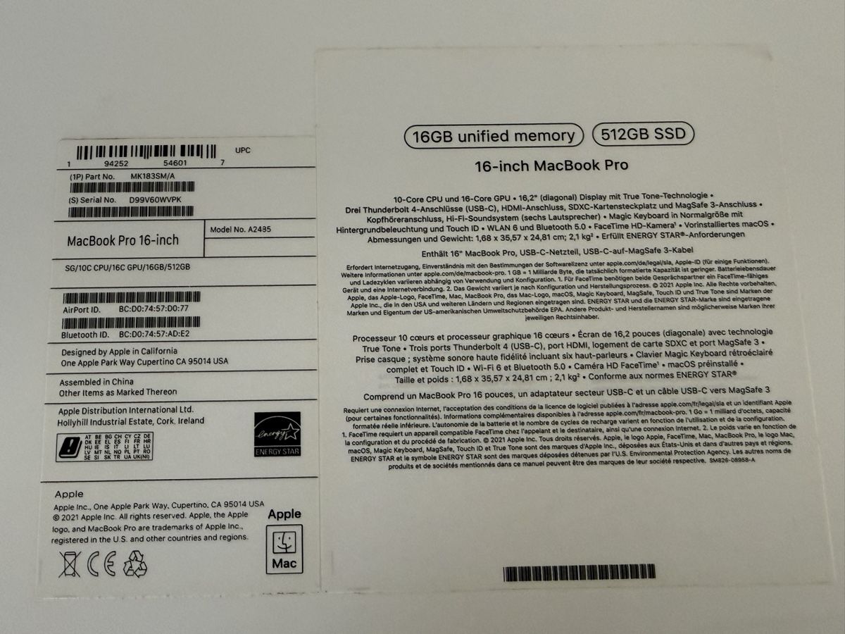 Apple Notebook: MacBook Pro 16 pouces 16Go 512Go SSD 2021 – Nuovo (secondo la descrizione) da Neyruz FR venduto da dom1964 6