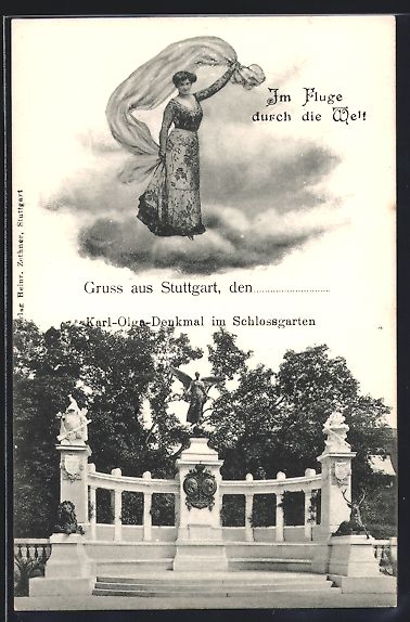 Cartoline postali: Stuttgart, Fliegende Dame über dem Karl – Usato da Berlin venduto da bartko-reher