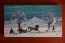 Winterlandschaft im Stil der naiven Malerei mit Signatur