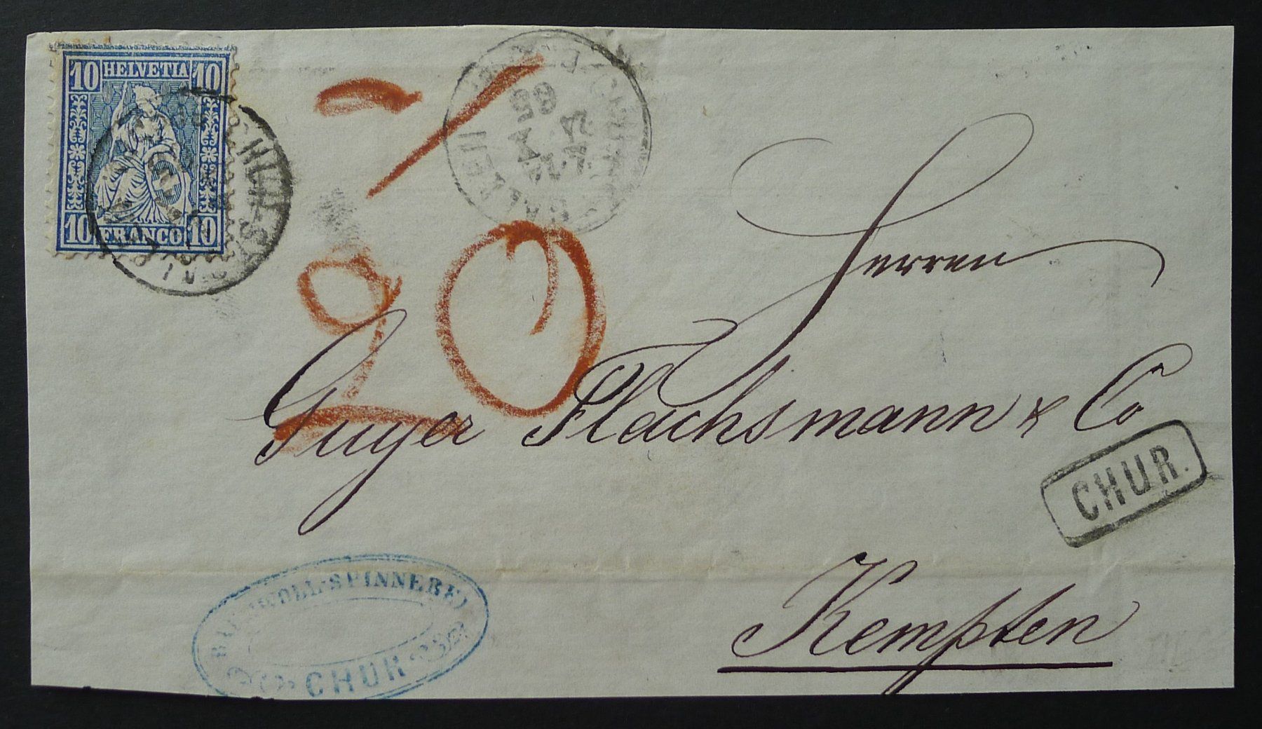 Tutti i francobolli: 1865, Bahnpost CHUR GR Stempel eingefasst, Taxe – Usato da Ebikon venduto da SilvioFreund