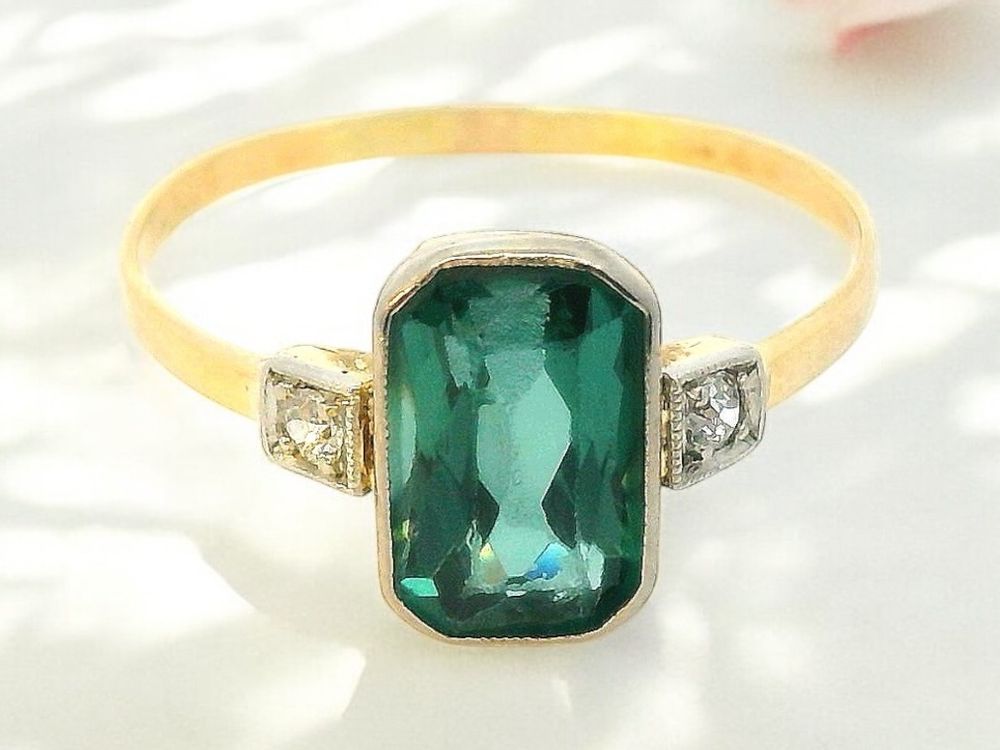 Antik Ring grüner Spinell 14k gold mit Altschliff Diamanten 1