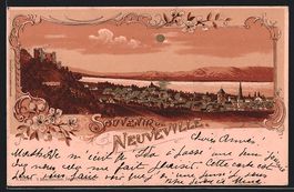 Litho Neuveville, Ortsansicht mit Burg u