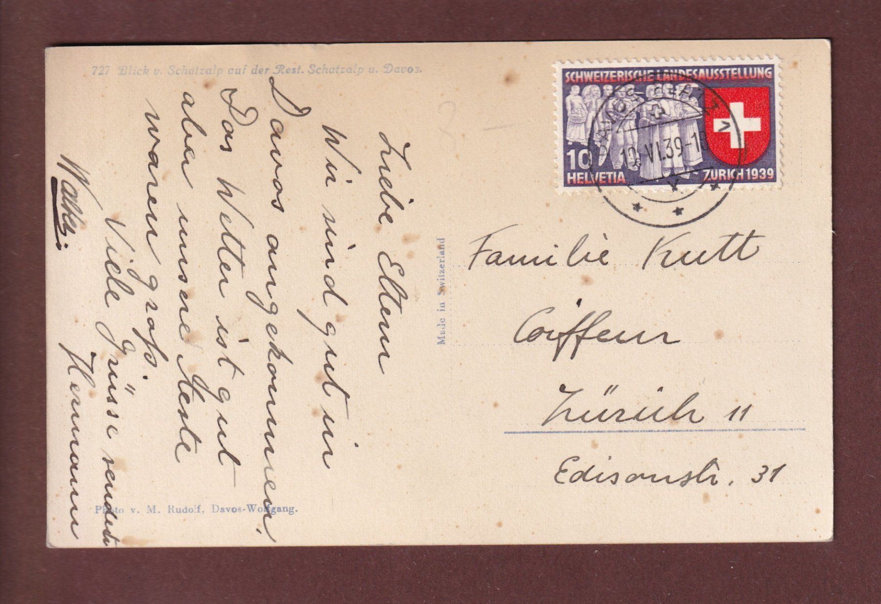 Cartoline postali: DAVOS - Blick vom Schatzalp - 1939 – Usato da Pully venduto da nicecards 1