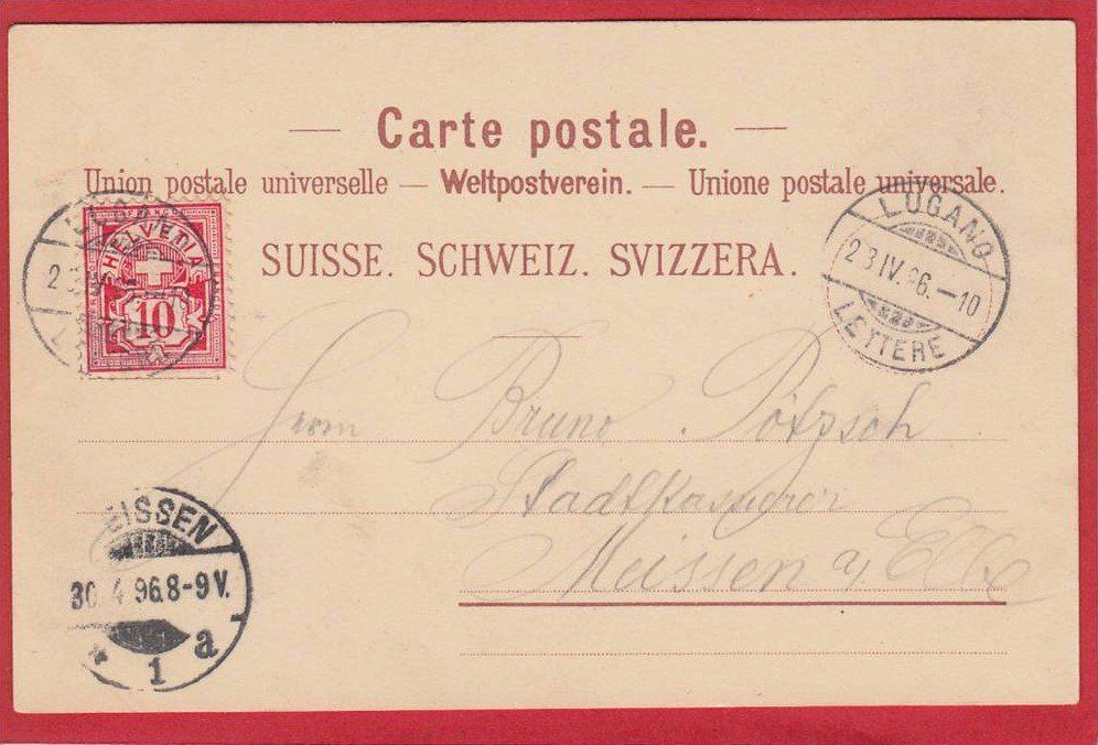 Cartoline postali: LUGANO HOTEL GARNI WALTER, LITHO 1896 – Usato da Grüningen venduto da Kartenlaube 1