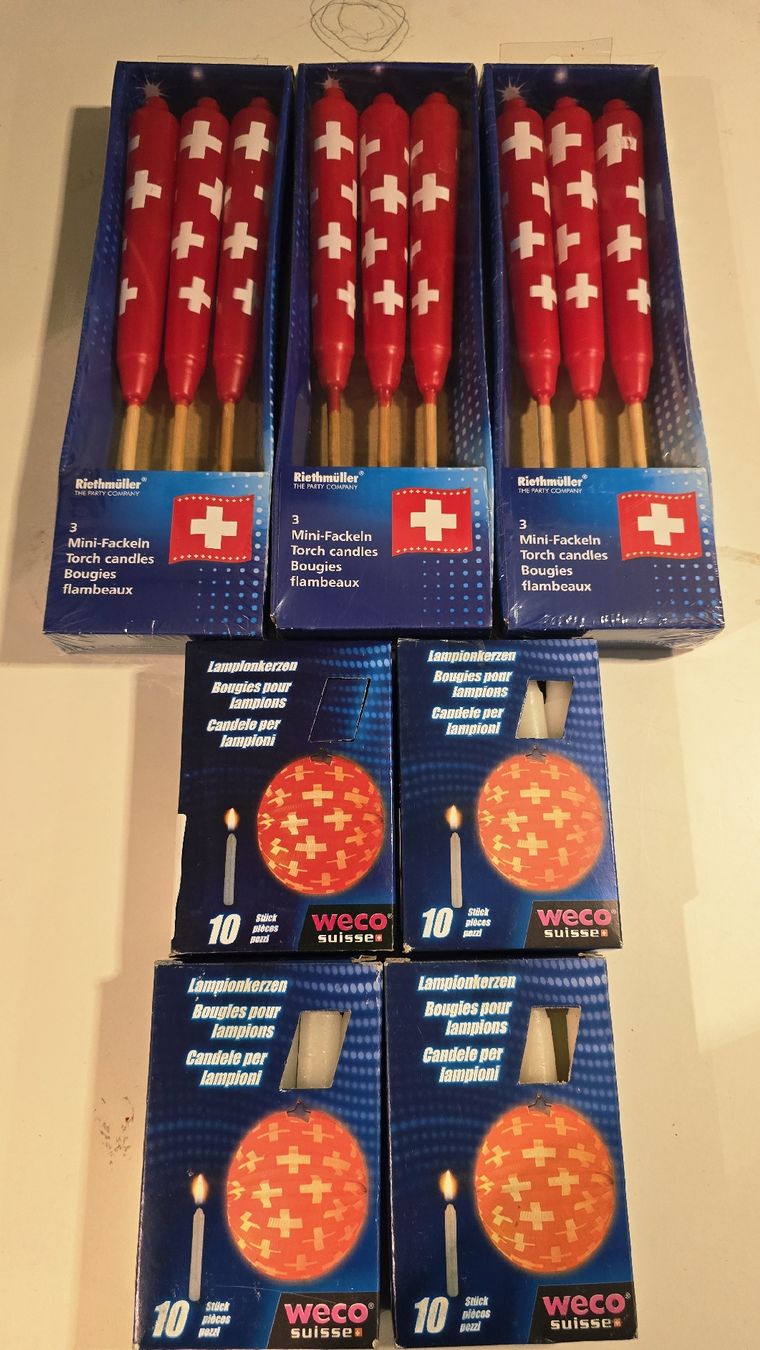 Candele: Mini-Fackeln & Lampionkerzen mit Schweizerkreuz – Nuovo e nell'imballaggio originale da Dussnang venduto da Priska2285