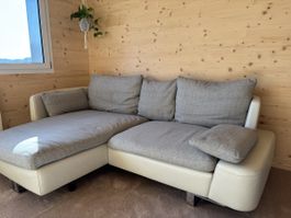 Ecksofa Stoff und Leder grau weiss guter Zustand