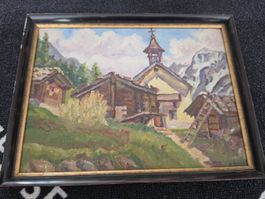 Ölgemälde Alpenlandschaft mit Kirche gerahmt guter Zustand