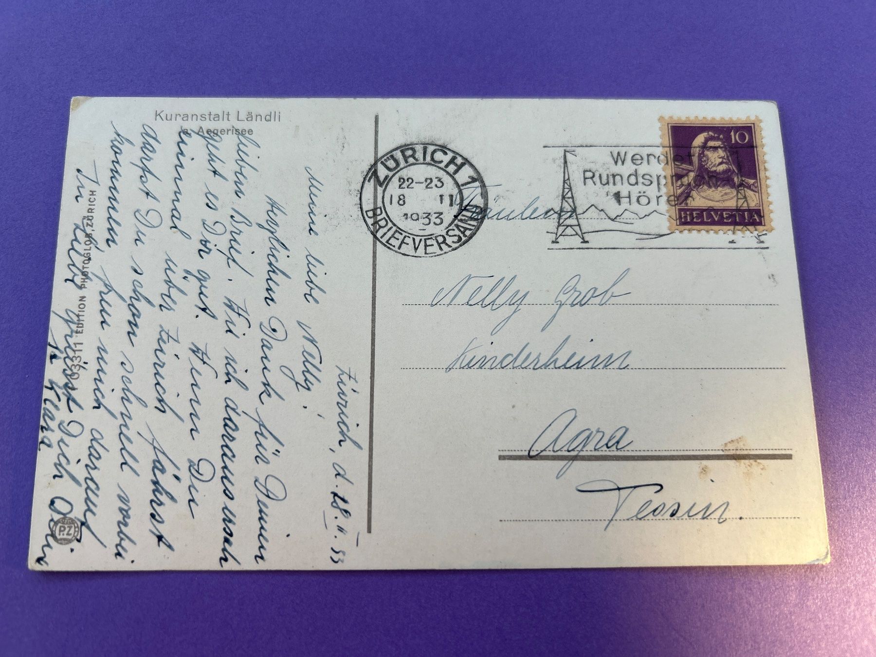 Cartoline postali: Kuranstalt Ländli a. Aegerisee 1933 – Usato da Hefenhofen venduto da Bierinder 1