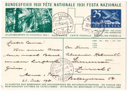 1931 Bundesfeierkarte Flugzeug üb.Alpen, FLUGPLATZ BS + ZH