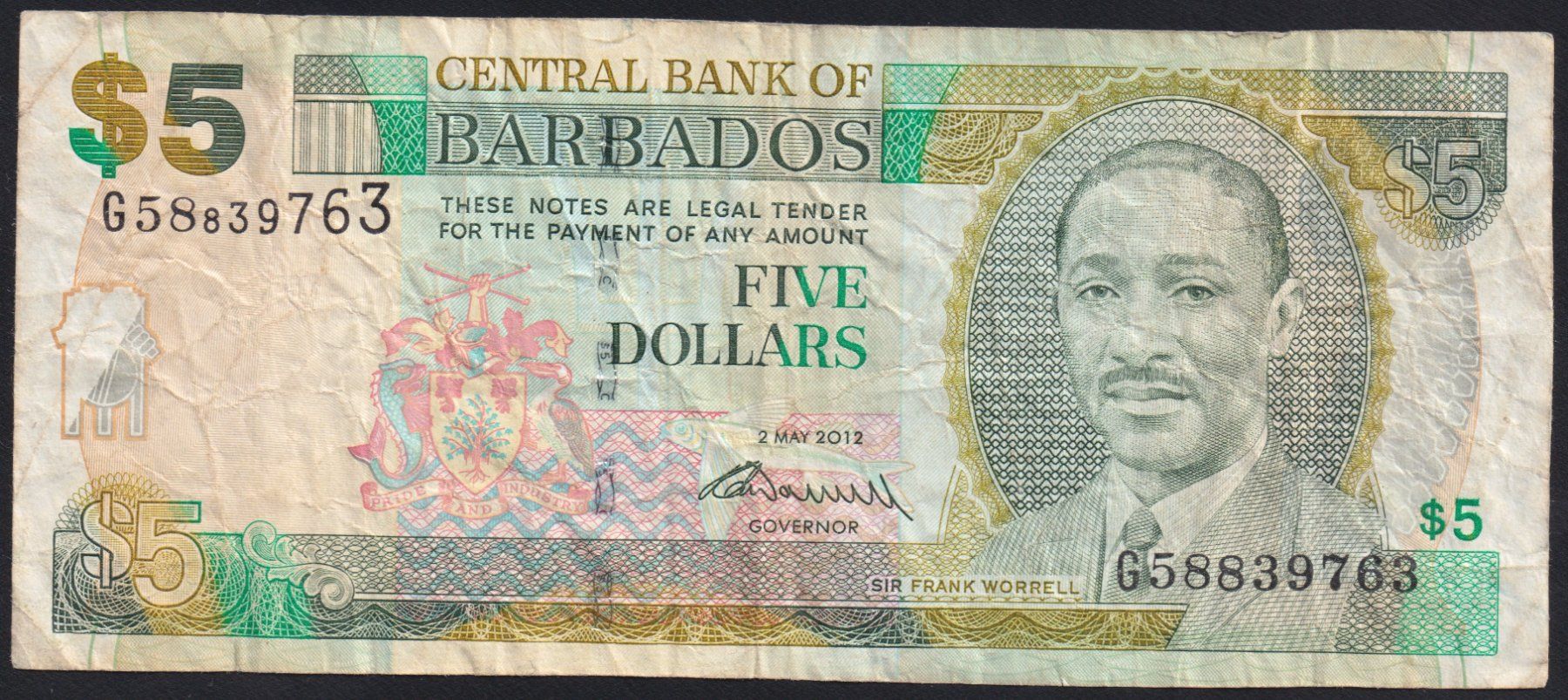 Banconote: Barbados 5 Dollars 2012 – Usato da Brugg AG venduto da banknoten_muesli