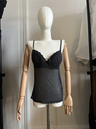Dark Gray Lace Trim Sheer Babydoll Top - size M - cup D
