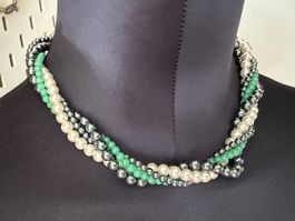 Vintage grüne weiße Perlenkette, Luxus Modeschmuck