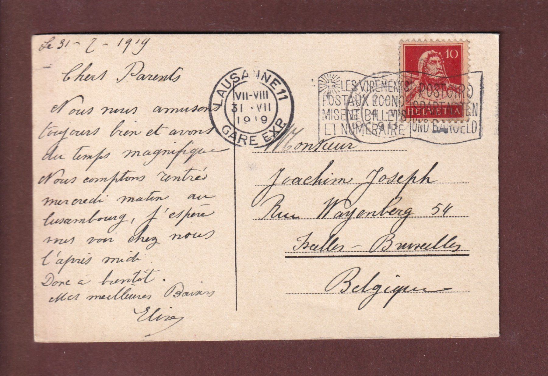 Cartoline postali: LAUSANNE - 1919 – Usato da Pully venduto da nicecards 1