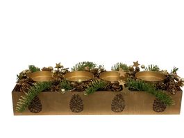 Adventsdekoration mit Kerzenhalter, Gold und Tannenzapfen