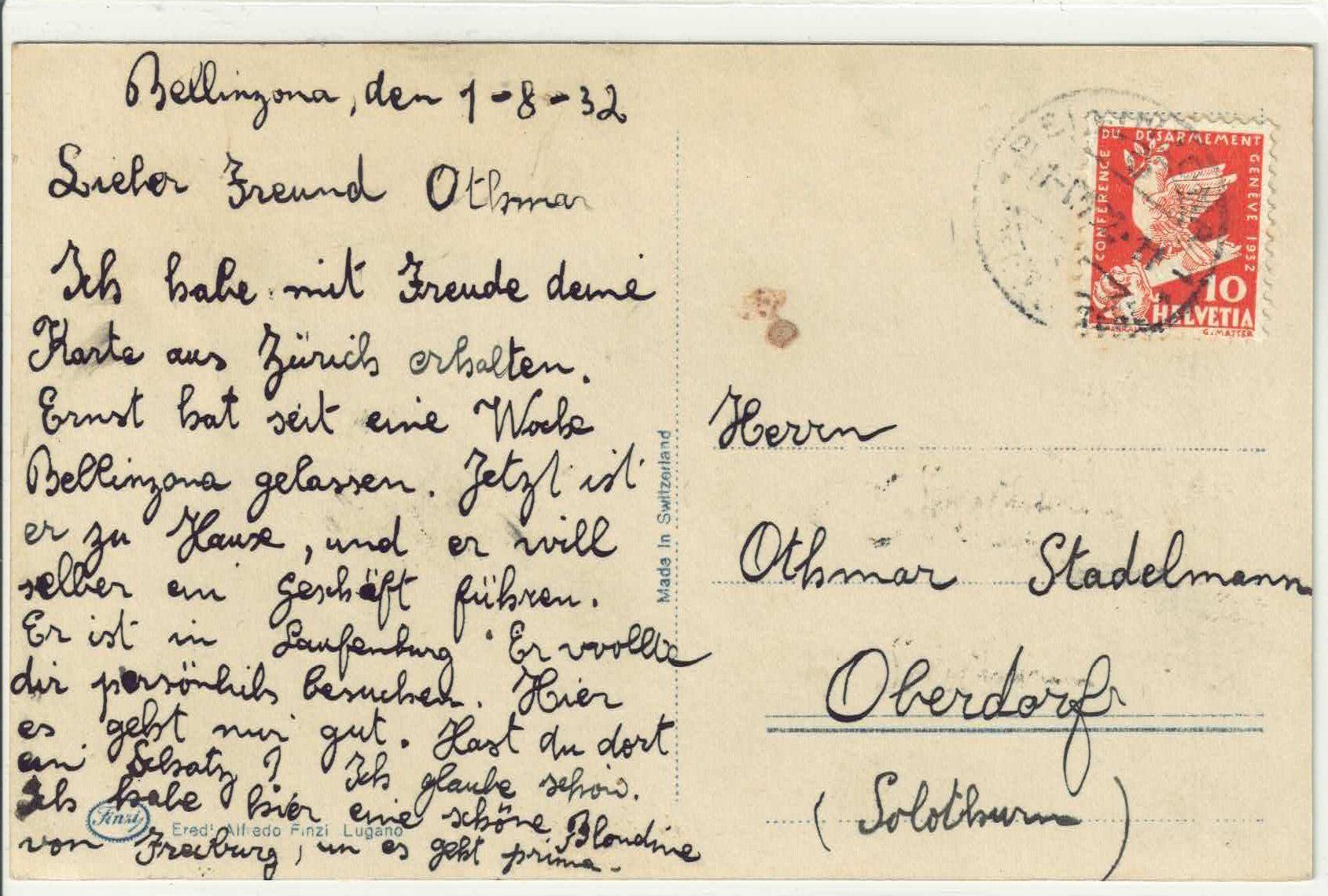 Cartoline postali: Bellinzona con Castello d'Svitto – Usato da Ettingen venduto da Kartenplanet 1