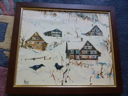 Fritz Hug,Bild,Bauernhäuser im Winter,Krähen,Toggenburg?