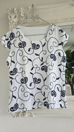 Sommerbluse Bluse Leinen/Viskose Weiss/Blau Gr. 40