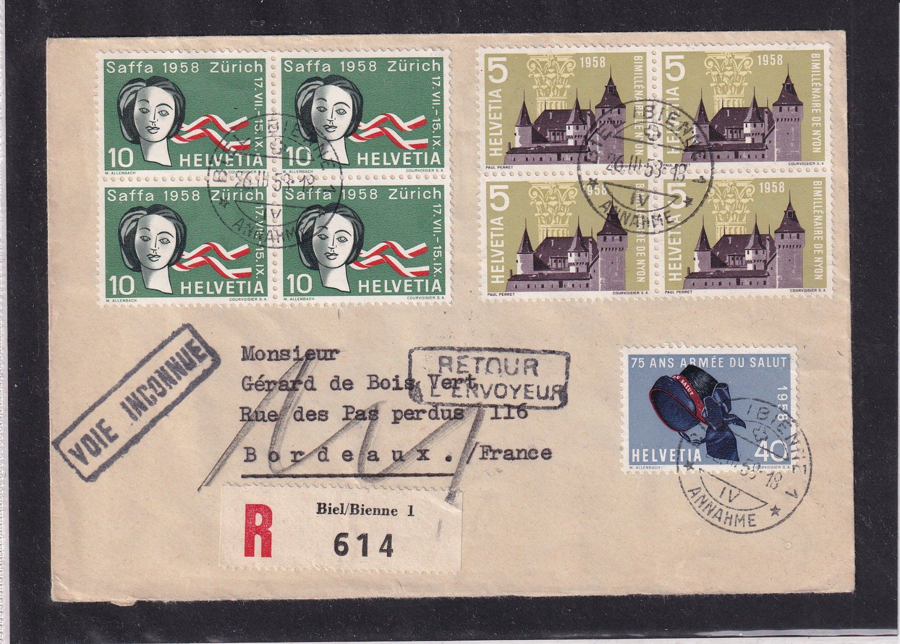 Alle Briefmarken: Recommandé - Biel-Bienne 1958 - France – Gebraucht aus Orvin von Pyaeschli