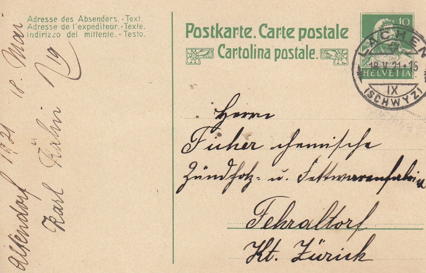 Tutti i francobolli: 1921 153 Postkarte mit Tellbrustbild – Usato da Spreitenbach venduto da Mustang_1105