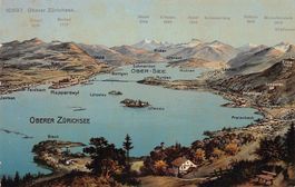 Vogelschau-AK Oberer Zürichsee, Obersee, gelaufen 1909