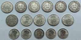LOT Schweizer Silber 1 und 2 Franken-Münzen 1953 bis 1967
