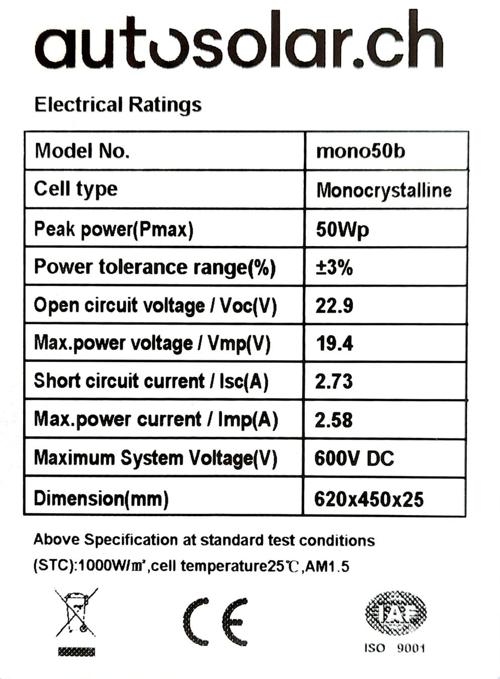 Panneaux solaires: Solarpanel 50W Monokristalin – Neuf (Voir description) à Oetwil am See par AutoSolar 4