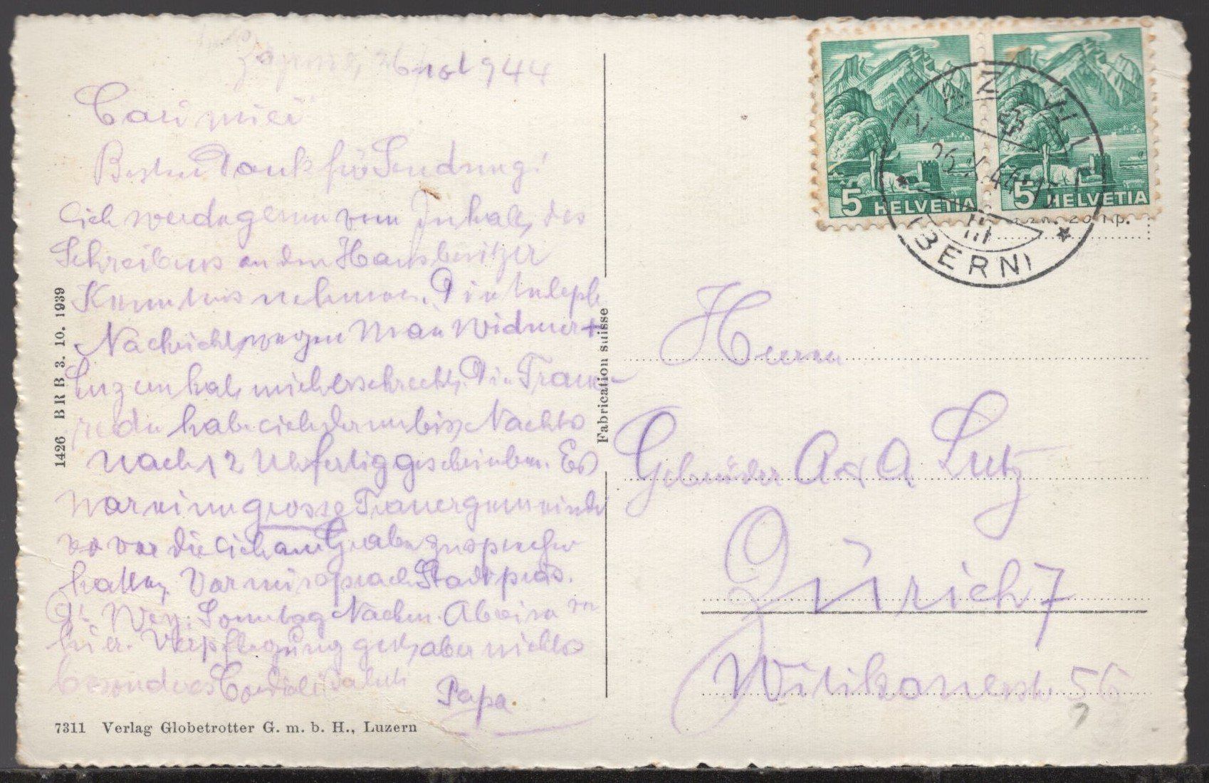 Cartoline postali: Zäziwil  weisses Rössli  1944 – Usato da Aarau venduto da kufi44 2
