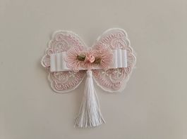 Dekorative Spitzenapplikation Rosa/Weiss mit Blume & Quaste 