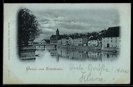 Mondschein-AK Solothurn, Ortsansicht am Fluss mit Brücke