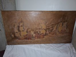 Altes Schiffs-Wandbild aus Leder, Vintage Deko, Rarität!