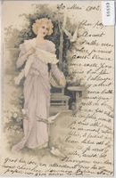Modische Dame femme mit Tauben - Litho