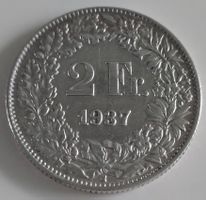 2 Franken Muenze 1937 Schweiz Silber guter Zustand