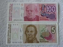 Argentinien: 5 & 100 Australes Banknoten, Top Zustand!