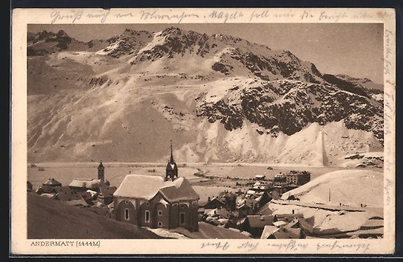 Ansichtskarten: Andermatt, Ortspartie mit Kirche im Wint – Gebraucht aus Berlin von bartko-reher