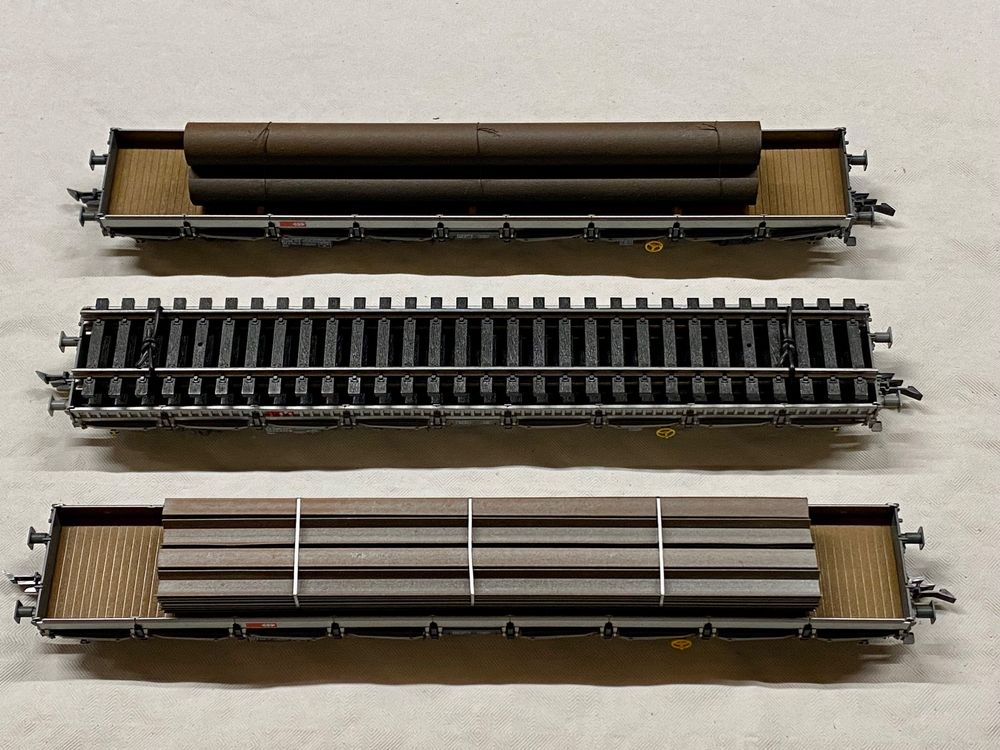 3 x Fleischmann/Roco (H0 GS) SBB Flachwagen Res mit Beladung (Gebraucht ...