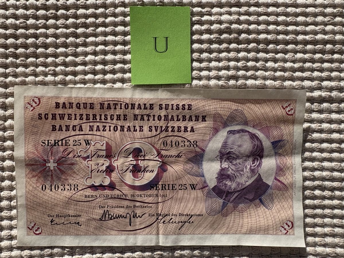 Banknoten: Schweizer Banknote 10 Fr. / Serie 25 W – Gebraucht aus Rümlang von SchumBru10