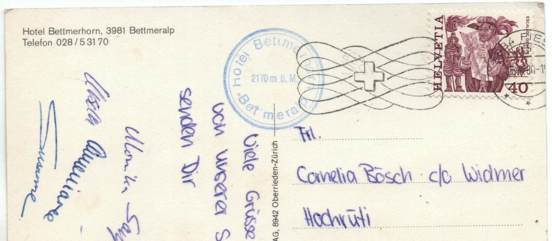 Cartoline postali: BETTMERALP Hotel Bettmerhorn – Usato da Jona venduto da philajona 1
