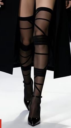 Strick-Strümpfe Damen schwarz mit Band-Design one size