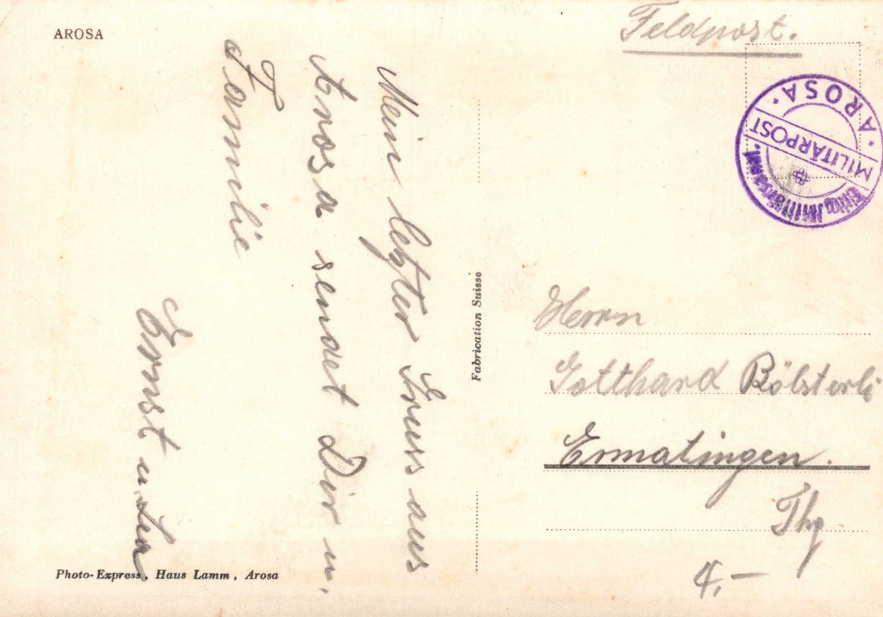 Cartoline postali: 0066 - Postkarte / Ansichtskarte - Arosa – Usato da Reinach BL venduto da Boston-Verkauf 1