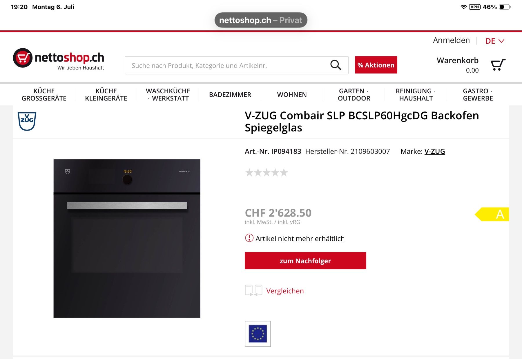 V-Zug Backöfen: Vzug slp60  Backofen mit Temperatursensor und Drehspiess – Gebraucht aus grossaffoltern von rickli88