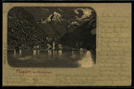 Lithographie Flüelen, Panorama des Ortes im Mondschein