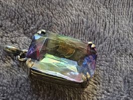 Antiker Irisglas, Rheinkiesel Anhänger, versilbert, ca 1940
