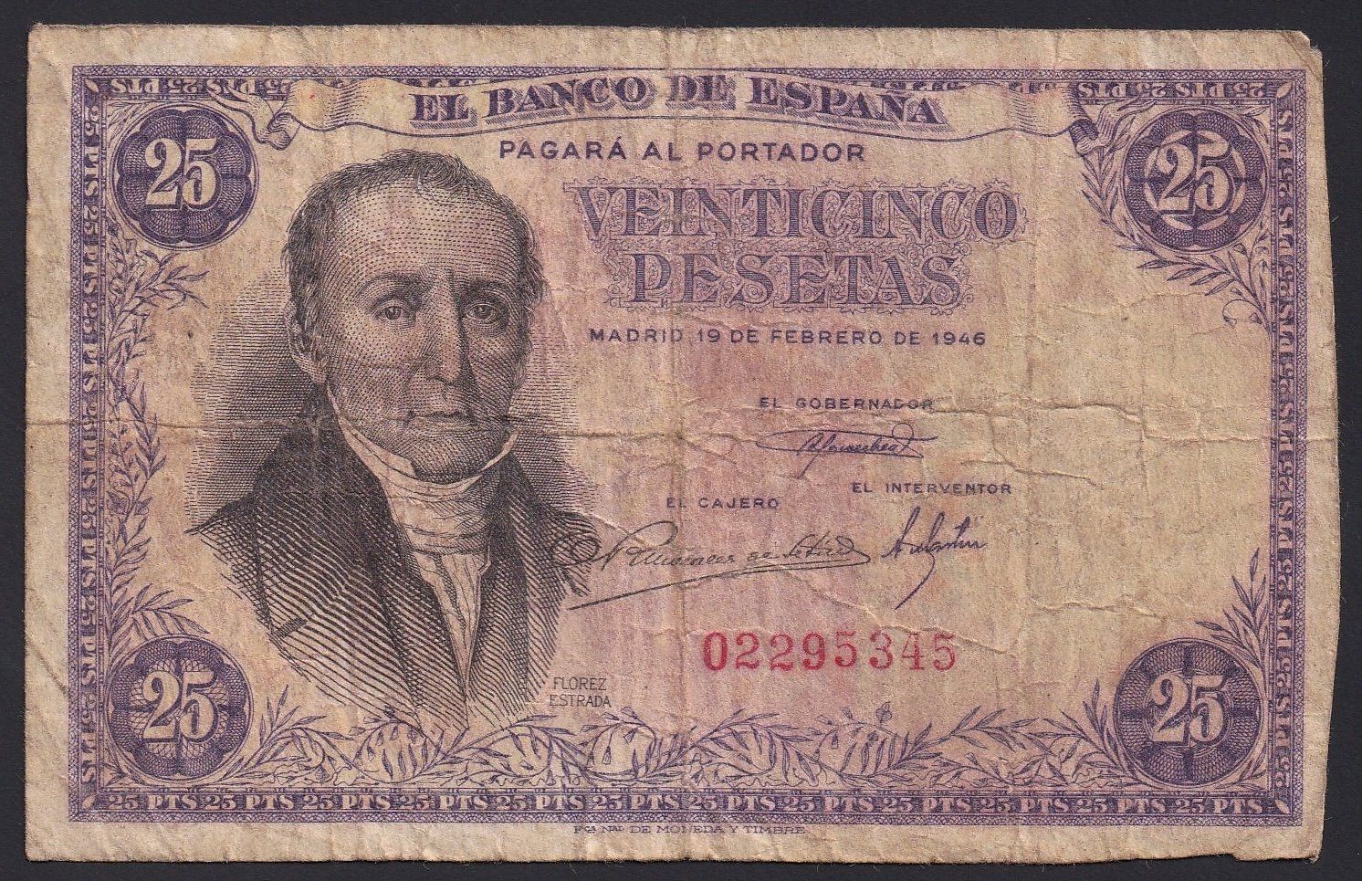 Banconote: Spanien 25 Pesetas 1946 – Usato da Brugg AG venduto da banknoten_muesli