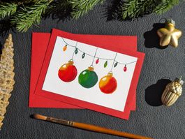 Hand Painted Christmas Card, Colorful Baubles Card