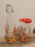 Krug und Flasche aus Glas mit Sommermotiv Flamingos, neu