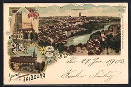 Litho Fribourg, Hotel de Ville, Cathédr